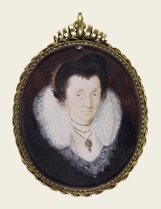 लेडी ऐनी बेकन, c.1600 (अपारदर्शी वॉटरकलर और वेल्लम पर गिल्डिंग) द्वारा इसहाक ओलिवर
