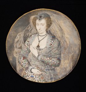 अनजान लेडी, जिसे पहले लुसी हैरिंगटन, बेडफोर्ड की काउंटेस, c.1605 (कार्ड पर बॉडीकोलर und wc) कहा जाता था (स्केच देखने के लिए 88888) द्वारा इसहाक ओलिवर