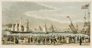 23 अप्रैल, 1838, सोमवार को न्यूयॉर्क से ग्रेट वेस्टर्न स्टीम शिप का आगमन। 1842 (हाथ के रंग का उत्कीर्णन) द्वारा आइजैक रॉबर्ट क्रूइशांक
