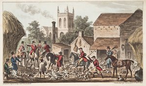 बाहर जाना; द इंग्लिश स्पाई द्वारा प्रकाशित बर्कले हंट केनेल का एक दृश्य, 1824 में प्रकाशित हुआ, (हाथ के रंग का उत्कीर्णन) द्वारा आइजैक रॉबर्ट क्रूइशांक