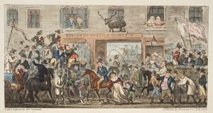 अंग्रेजी जासूस, पब से हास्य जुलूस। 1824 (हाथ के रंग का उत्कीर्णन) ग्लूसेस्टर से बर्कले, द इंग्लिश स्पाई, पब से। 1824 (हाथ के रंग का उत्कीर्णन) द्वारा आइजैक रॉबर्ट क्रूइशांक