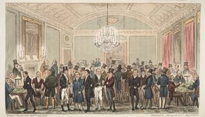 अंग्रेजी जासूस, पब से महान सदस्यता कक्ष ब्रूक्स में 1824 (हाथ के रंग का उत्कीर्णन) द्वारा आइजैक रॉबर्ट क्रूइशांक