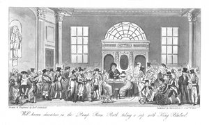पम्प रूम, स्नानघर में जाने-माने चरित्र, राजा Bladud के साथ एक घूंट, 1825 द्वारा आइजैक रॉबर्ट क्रूइशांक