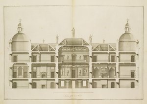 ह्यूटन हॉल: 1735 में पियरे फोरड्रिनियर द्वारा उत्कीर्ण ईस्ट फ्रंट का खंड (64902 पूर्व 64904 देखें) द्वारा इसहाक वेयर