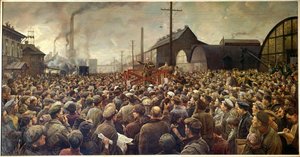 1917 की रूसी क्रांति: "पेत्रोग्राद में पुतिलोव कारखाने के श्रमिकों से बात करते हुए लेनिन