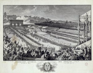 फ्रांसीसी क्रांति: 14/07/1791 को पेरिस में चैंप्स डी मार्स में जनरल फेडरेशन ऑफ फ्रेंच डिपार्टमेंट्स के भ्रूण का दृश्य। इसिडोर हेलमैन (१७४३-१८०९) १८वीं सदी के पेरिस, मुसी कार्नावलेट द्वारा चित्रण द्वारा इसिडोर स्टानिस्लास हेलमैन