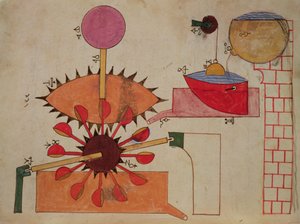 बेसिन में पानी पंप करने के लिए एक प्रणाली का आरेख, अल-ज़ाजा, 1206 द्वारा सरल यांत्रिक उपकरणों की पुस्तक से ज्ञान द्वारा इस्लामी स्कूल