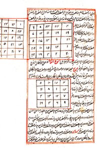 'अजाइब अल-मखलीक़ात वा-घरैब अल-मौजीदत' (मार्वल ऑफ़ थिंग्स क्रिएटेड एंड मिरकुलस एस्पेक्ट्स ऑफ़ थिंग्स इज़िस्टिंग) के 1538 संस्करण से गणितीय चार्ट को दर्शाने वाला चित्रण द्वारा इस्लामी स्कूल
