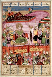 इस्लामी कला: "" सोहराब (सहाराब) रुस्तम के तम्बू में खड़ा है""" महाकाव्य कविता "" शाहनामा"" (शाहनामा, शाहनामा) (राजाओं की पुस्तक) की एक पांडुलिपि से फ़ारसी लघुचित्र फ़िरदौसी (फिरदौसी, या फिरदौसी) द्वारा , या फिरद द्वारा इस्लामी स्कूल