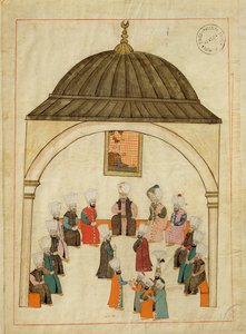 सुश्री सिसोगना 1971, टॉपिकापी पैलेस, कांस्टेंटिनोपल, c.1580 में इम्पीरियल हॉल का चित्रण करते हुए &39;मेमरी टर्सचे&39; से लघु द्वारा इस्लामी स्कूल