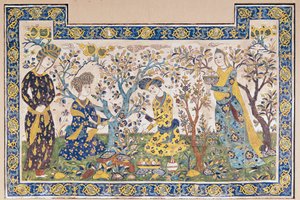 शाह अब्बास द्वितीय (1642-66), फारसी, इस्फ़हान, ईरान (सिरेमिक टाइल्स) से निर्मित फोर्टी कॉलम के टीचेल सुतुन या मंडप से, एक बगीचे में आराम के मुरली पैनल। द्वारा इस्लामी स्कूल