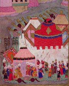 सुलेमान I (1494-1566) द्वारा विएना के TSM H.1524 घेराबंदी, 1529 में, लोकमान द्वारा &39;हुनरनाम&39; से, ओटोमन शिविर का विस्तार, 1588 द्वारा इस्लामी स्कूल