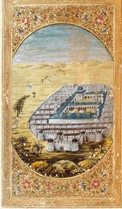 मक्का (ला मेक्के), मुस्लिम तीर्थस्थल और माउंट अराफात (अराफा), सऊदी अरब के मैदानों का दृश्य। कुरान के एक संस्करण से लिया गया पृष्ठ द्वारा इस्लामी स्कूल