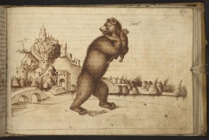 Add. 82955, f.199 भालू (#39;उर्सस#39;), एक को एक आदमी द्वारा चाकू मारा जा रहा है, एक शावकों को ले जा रहा है। , हिस्टोरिया एनीमलियम से, (पशुओं और पौराणिक प्राणियों की विभिन्न प्रजातियों के 245 कलम और स्याही से बनाए गए चित्रों से मिलकर, प्रत्येक के साथ एक वि द्वारा इतालवी स्कूल