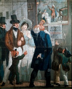 Commedia dell'arte: "" हार्लेक्विन (हार्लेक्विन, अर्लेचिनो) द्वारा एक शो की प्रस्तुति को देखने वाले दर्शकों का एक समूह"" कॉम्पेनिया लुपी द्वारा एक कठपुतली शो के लिए एक पोस्टर का विवरण। अनाम पेंटिंग। 19वीं सदी के बिब्लियोटेका ई म्यूज द्वारा इतालवी स्कूल