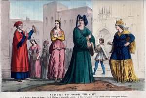 XIII और XIV सदी के बीच सिएना की वेशभूषा - XIII और XIV सदी के बीच सिएना में कपड़े - "" Usi e Costumes di Tutti II Popoli dell'Universo से उत्कीर्णन। वह सरकार का इतिहास है, कानूनों का, मिलिशिया का, सभी के धर्म का द्वारा इतालवी स्कूल
