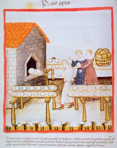 Fol.63v बेकिंग ब्राउन ब्रेड, Tacuinum Sanitatis से चित्रण द्वारा इतालवी स्कूल