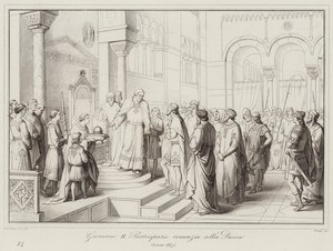 Giovanni II Partecipazio ने डची को त्याग दिया, 887 (उत्कीर्णन) द्वारा इतालवी स्कूल