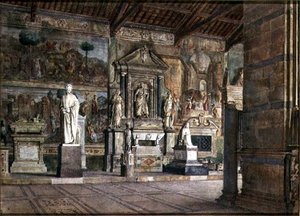 पीसा में कैम्पो सैंटो का इंटीरियर, c.1845 (कागज पर पानी के रंग का) द्वारा इतालवी स्कूल