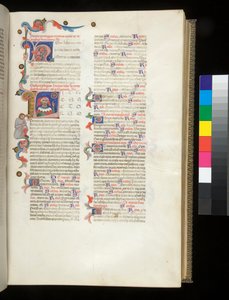सुश्री 390. सेनेका द यंगर, ओपेरा, और सेनेका द एल्डर, अंश विवाद, f.95r। प्रारंभिक [एल] बसे हुए, सेनेका के चित्र के साथ फॉर्च्यून के पहिये की ओर इशारा करते हुए और सीमा में एक नीच पुरुष की आकृति पर द्वारा इतालवी स्कूल