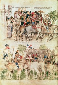 Ms Fr 343 fol.8v आर्थर और उनके शूरवीरों ने ग्रेल डेल सेंट ग्रेगल, सी .1380-85 से पवित्र कंघी बनानेवाले की रेती की खोज की। द्वारा इतालवी स्कूल