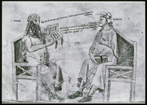 सुश्री लाट 6823 fol.2 एवरोसेस (1126-98) पोर्फिरी के साथ बातचीत में (c.232-c.305) (कलम और स्याही और कागज पर धोना) द्वारा इतालवी स्कूल