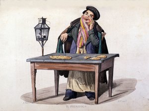 नेपल्स, पिज्जा विक्रेता। F. Palizza द्वारा एक पेंटिंग के बाद उत्कीर्णन। फ्रांसेस्को डी बौर्कार्ड के एक काम से "" नेपल्स के साम्राज्य की वेशभूषा "" द्वारा इतालवी स्कूल