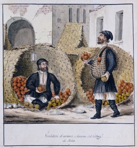 सार्डिनिया में मिलिस के नारंगी और नींबू विक्रेता, मुद्रित ms.258, लुज़ेट्टी संग्रह द्वारा इतालवी स्कूल