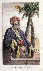 Giovanni Battista (Gianbattista) Belzoni (1778-1823), इतालवी खोजकर्ता और पुरातत्वविद् का पोर्ट्रेट, जिन्होंने मिस्र में महत्वपूर्ण पुरातत्व खोजें कीं। उत्कीर्णन - बेलज़ोनी, मिलान द्वारा "" वियागियो इन एजिटो ई इन नूबिया "" में द्वारा इतालवी स्कूल