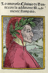 इतालवी कवि दांते अलीघिएरी (1265-1321) का पोर्ट्रेट। उत्कीर्णन। १५५४ से "" इल कन्विवियो "" का फ्रंटस्पाइस द्वारा इतालवी स्कूल