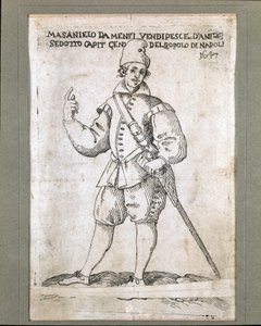 नीपोलिटन मछुआरे और क्रांतिकारी मासानिएलो (1623-1647) का पोर्ट्रेट (1647 में नेपल्स में हैब्सबर्ग शासन के खिलाफ मसानीलो, नीपोलिटन मछुआरे और विद्रोह के नेता का पोर्ट्रेट) 17 वीं शताब्दी के म्यूजियो नाज़ियोनेल डी सैन मार्टिनो नेपल की नक्काशी द्वारा इतालवी स्कूल