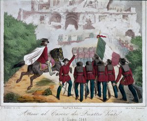 Risorgimento, रोमन गणराज्य (Repubblica romana): Giuseppe Garibaldi की सेना के सैनिक, घोड़े की पीठ पर, 03/06/1849 को रोम में क्वाट्रो वेंटी के विला को फिर से जीतने का प्रयास करते हैं। लिथोग्राफी रोम नेशनल म्यूजियम ऑफ द रिसोर्गिमेंटो द्वारा इतालवी स्कूल