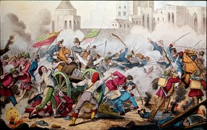रिसोर्गिमेंटो: 26 मई 1860 को पलेर्मो के झगड़े। हजार का अभियान (लाल शर्ट)। पालेर्मो और विद्रोह में लोगों के बीच ग्यूसेप गैरीबाल्डी (1807-1882) नेपल्स के बोर्बोन साम्राज्य के सैनिकों से लड़ने के लिए उनके साथ शामिल हो गए। 19 वीं सीई . की नक्काशी द्वारा इतालवी स्कूल