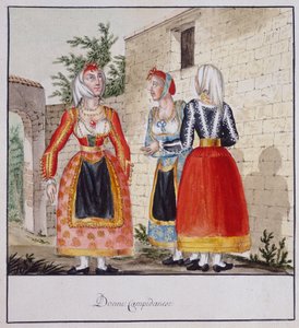 कैंपिडानो की वेशभूषा में सार्डिनियन महिलाएं, मुद्रित ms.258, लुज़ेट्टी संग्रह द्वारा इतालवी स्कूल