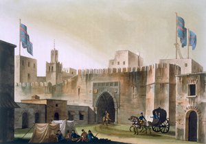 Beb Kar, ट्यूनीस में गेट, घोड़ों से खींचे गए गिग में यूरोपीय लोगों के साथ, c.1820s-30s द्वारा इतालवी स्कूल