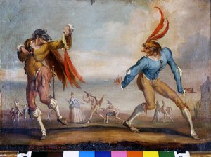 Commedia dell'Arte के मुखौटे: कैप्टन बॉम्बार्डोन और कैप्टन ग्रिलो। १७वीं सदी की अनाम पेंटिंग। मिलान, म्यूजियो स्काला। द्वारा इतालवी स्कूल