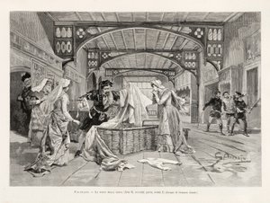 ग्लीसेप वेर्डिस ओपेरा फालस्टाफ की टोकरी (एक्ट II, पार्ट टू, सीन I) का दृश्य LIllustrazione Italiana, XX, N. 8, 19 फरवरी 1893 से द्वारा इतालवी स्कूल