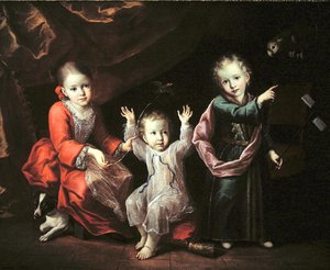 अपने पालतू जानवरों से घिरे एक इंटीरियर में तीन बच्चे, c.1680 (कैनवास पर तेल) द्वारा इतालवी स्कूल