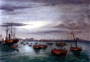 यूनाईटेड डी'इटली: ग्यूसेप गैरीबाल्डी (1807-1882) के नेतृत्व में थाउजेंड या रेड शर्ट्स का अभियान। गैरीबाल्डी सेना के पहले बेड़े का प्रस्थान सिसिली में मेसिना के प्रकाशस्तंभ से कैलाब्रिया की ओर। 1860 19वीं सदी का लिथोग्राफ द्वारा इतालवी स्कूल