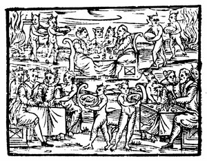 सब्त में चुड़ैलों और जादूगरनी, फ्रांसेस्को मारिया गुआज़ो, 1608 द्वारा कम्पेंडियम मालेफिकारम से चित्रण द्वारा इतालवी स्कूल
