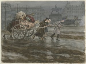 1917-1918 में पानी के रंग की रूसी क्रांति की श्रृंखला से कार्ट पर अपना सामान ले जाते परिवार