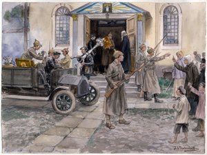 Requisition (confiscation) des tresors d#39;une eglise de Saint Petersbourg, le 5 mai 1922 - Requisition of the church treasures in Petrograd 5th May 1922 (from the series of watercolors Russian revolution) - Vladimirov, Ivan Alexeyevich (1869-1947) - 1922 द्वारा इवान अलेक्सेयेविच व्लादिमीरोव
