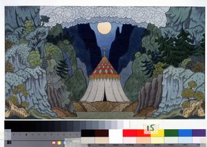 निकोलस (निकोलाई) रिमस्की कोर्साकोव (रिमस्की-कोर्साकोव) (1844-1908) द्वारा ओपेरा quot;द गोल्डन कॉकरेलquot; के दृश्यों के लिए प्रारंभिक ड्राइंग (एन. रिमस्की-कोर्साकोव (रिमस्की कोर्साकोव) द्वारा ओपेरा द गोल्डन कॉकरेल के लिए स्टेज डिजाइन। इवान याकोलेविच बिलिबि द्वारा इवान याकोवलेविच बिलिबिन