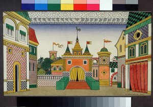 निकोलस (निकोलाई) रिमस्की कोर्साकोव (रिमस्की-कोर्साकोव) (1844-1908) द्वारा ओपेरा द गोल्डन कॉकरेल के सेट के लिए प्रारंभिक ड्राइंग (एन. रिमस्की-कोर्साकोव (रिमस्की कोर्साकोव) द्वारा ओपेरा द गोल्डन कॉकरेल के लिए स्टेज डिजाइन। इवान याकोलेविच बिलिबिन (बिलिबी) द्व द्वारा इवान याकोवलेविच बिलिबिन