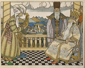 अलेक्जेंडर पुश्किन (1799-1837) की परी कथा द गोल्डन कॉकरेल के लिए चित्रण। इवान याकोवलेविच बिलिबिन (बिलिबिन) (1876-1942) द्वारा कलाकृति, कार्डबोर्ड पर पानी के रंग और स्याही से द्वारा इवान याकोवलेविच बिलिबिन