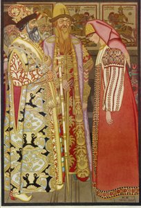 तीरंदाज की पत्नी ज़ार और उसके अनुचर के समक्ष, रूसी कहानी quot;तीरंदाज की पत्नी ज़ार और उसके अनुचर के समक्षquot; से चित्रण - इवान याकोलेविच बिलिबिन (बिलिबिन) (1876-1942) द्वारा चित्रकारी द्वारा इवान याकोवलेविच बिलिबिन