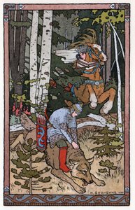 त्सारेविच इवान, द फायर बर्ड एंड द ग्रे वुल्फ, c.1899 (लिथोग्राफ) द्वारा इवान याकोवलेविच बिलिबिन
