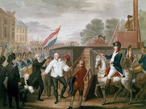 फ्रांसीसी क्रांति: "" 21/01/1793 को राजा लुई सोलहवें अपने विश्वासपात्र एडगेवर्थ के साथ" राजा मचान की ओर बढ़ रहा था। जेएफ कैज़नेव द्वारा चित्रण (१७७०-?) १७९३ द्वारा JF Cazenave