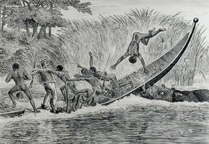 क्रोधित दरियाई घोड़ा एक नाव को परेशान करना (उत्कीर्णन) (बी/डब्ल्यू फोटो) द्वारा जेएम कॉर्नर