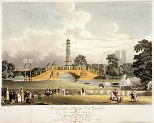 सेंट जेम्स पार्क, लंदन, 1814 में चीनी पुल और पैगोडा का दृश्य द्वारा जेआर हैम्बल